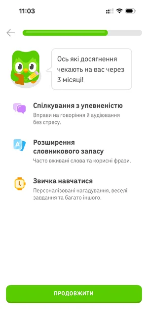 Duolingo onboarding screen explaining expected learning outcomes