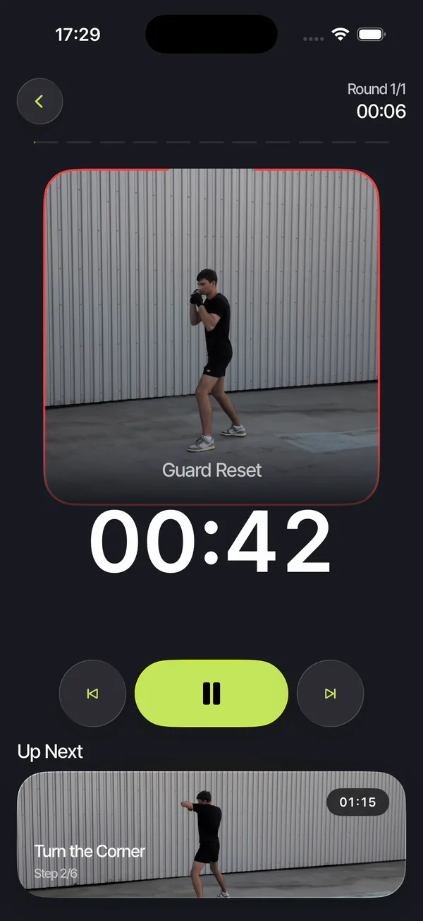 Knockout active training screen showing the Guard Reset drill, round timer, and upcoming movement