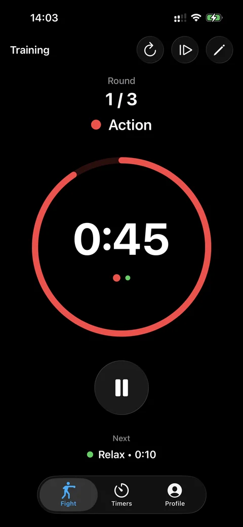 Knockout active interval timer showing an action round