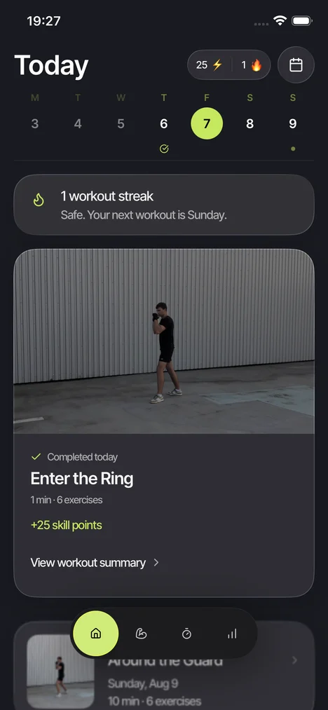 Knockout completed workout screen showing the recovered session and preserved workout streak