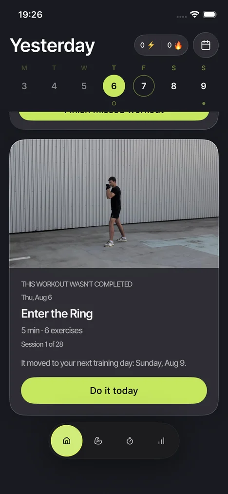 Knockout missed workout screen showing that the incomplete session can still be recovered