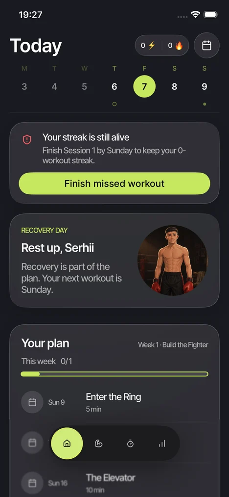 Knockout recovery window offering a button to finish the missed workout and keep the streak alive