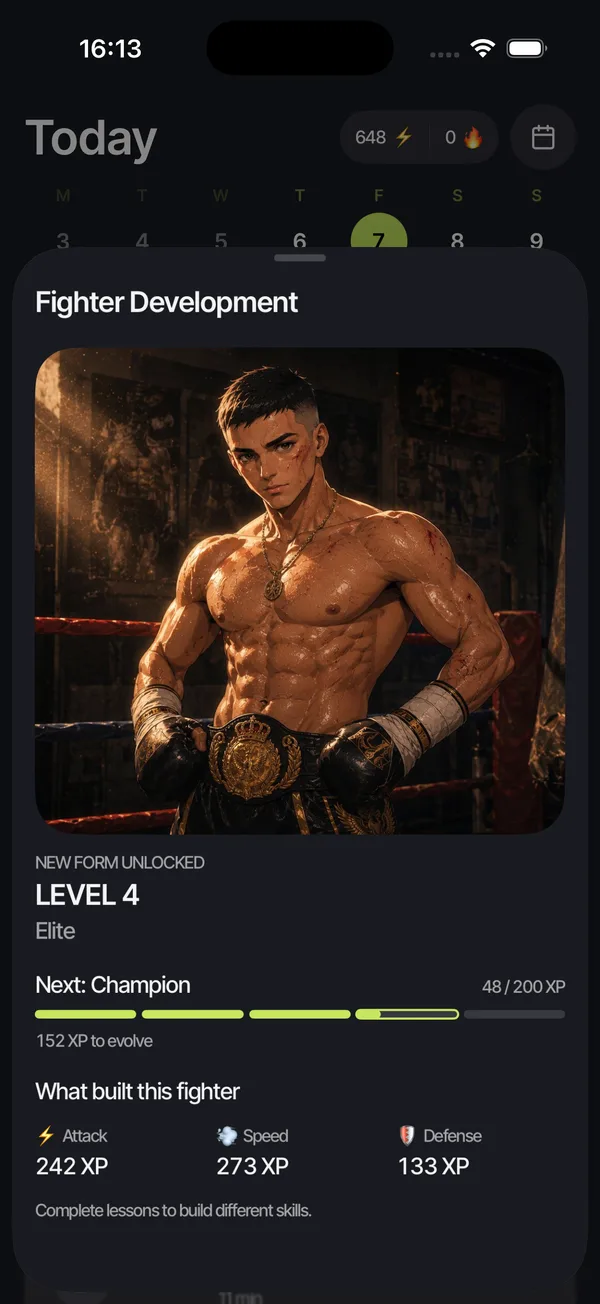 Knockout Fighter Development screen showing Level 4 and Attack, Speed, and Defense skill progress