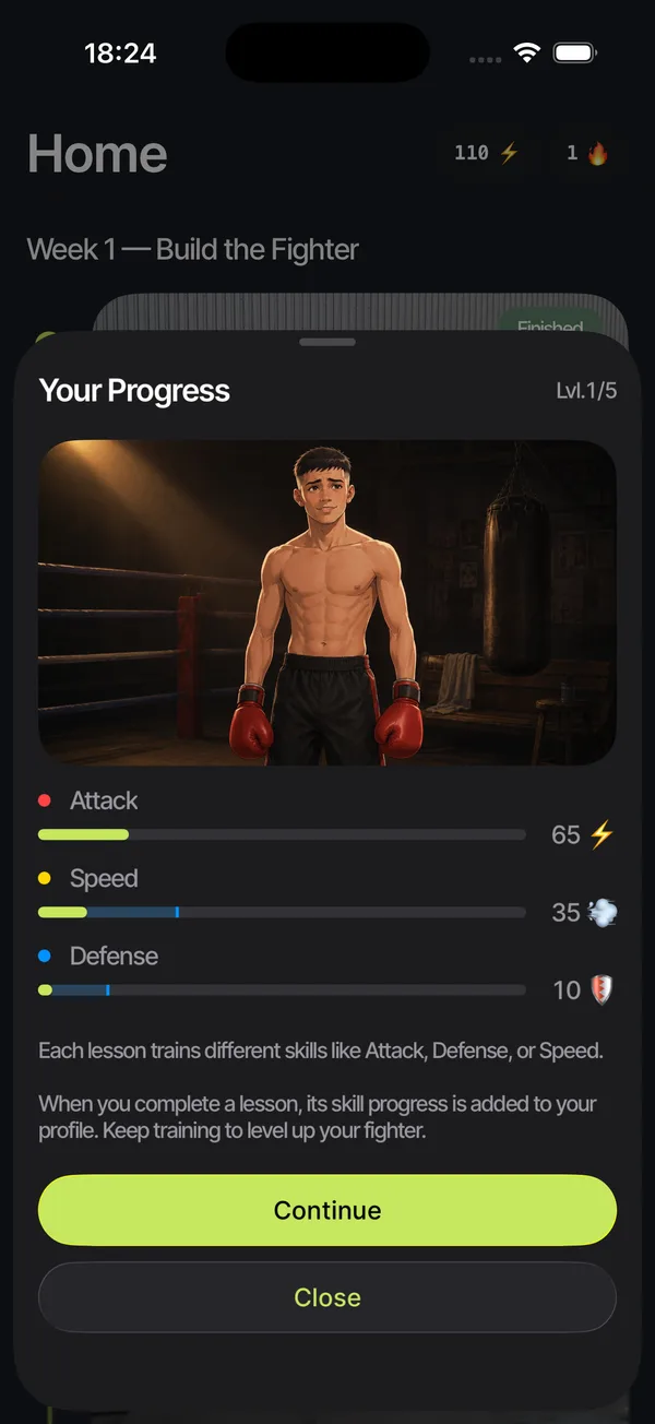 Knockout fighter progression screen showing the character and Attack, Speed, and Defense skill progress