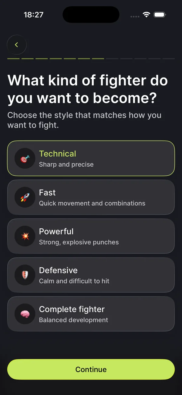 Knockout onboarding screen for choosing a fighter style, with Technical selected
