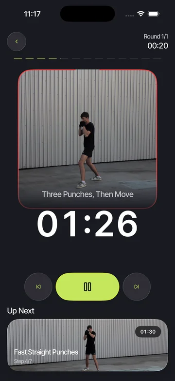 Knockout current training session showing the active exercise and remaining time