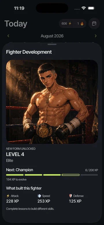 Knockout fighter development showing level, evolution progress and skill experience