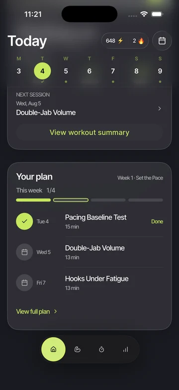Knockout weekly plan showing one of four workouts completed