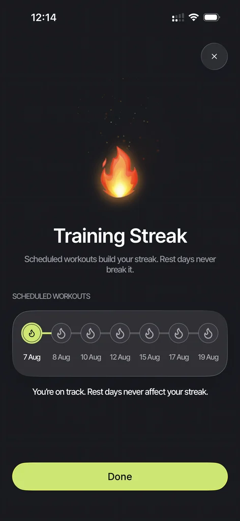Knockout training streak showing scheduled workouts and explaining that rest days do not break the streak