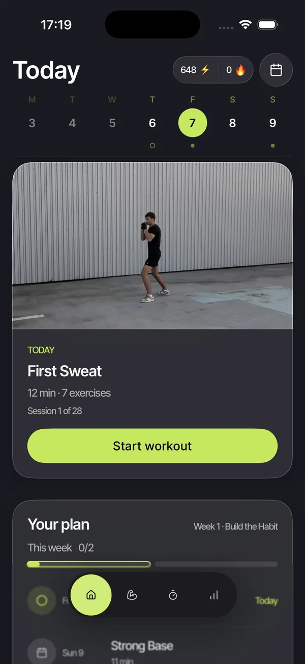 Knockout Today screen showing the 12-minute First Sweat session ready to start