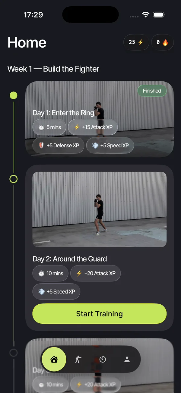 Knockout Today screen showing Week 1, a completed first day, and the prepared 10-minute Around the Guard session for Day 2