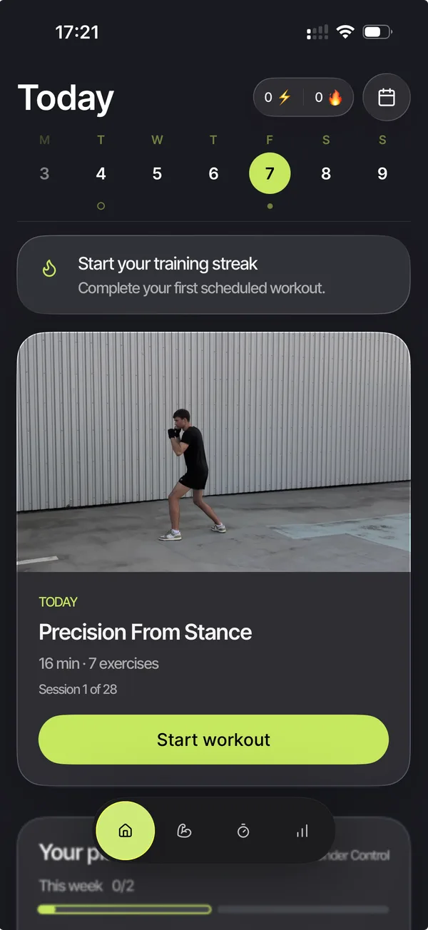 Knockout Today screen showing the Precision From Stance session ready to start