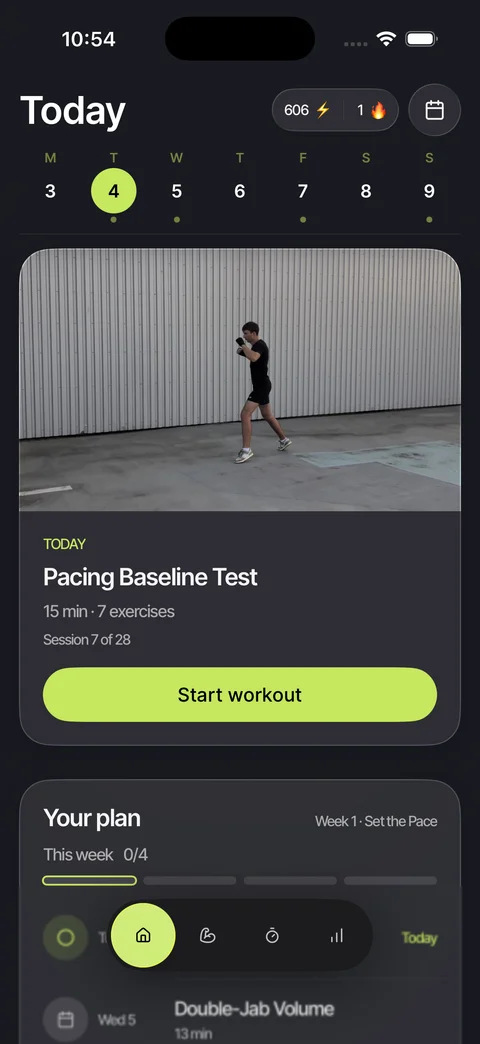 Knockout Today screen showing a scheduled workout and weekly training plan
