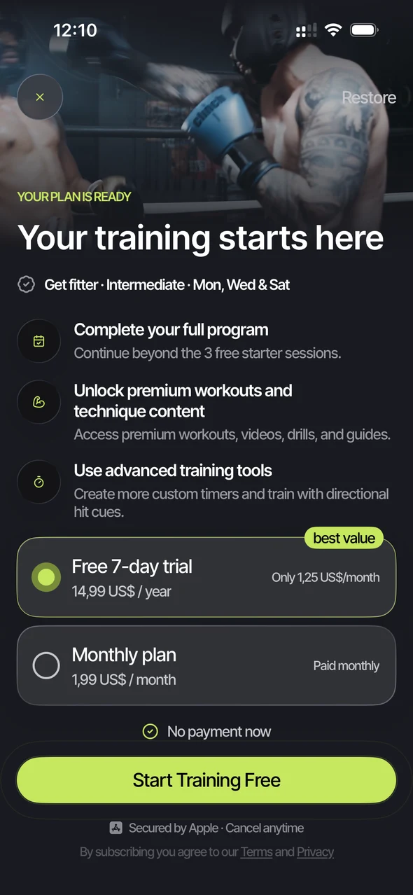 Knockout paywall continuing the personalized training plan with benefits, prices, trial and cancellation details