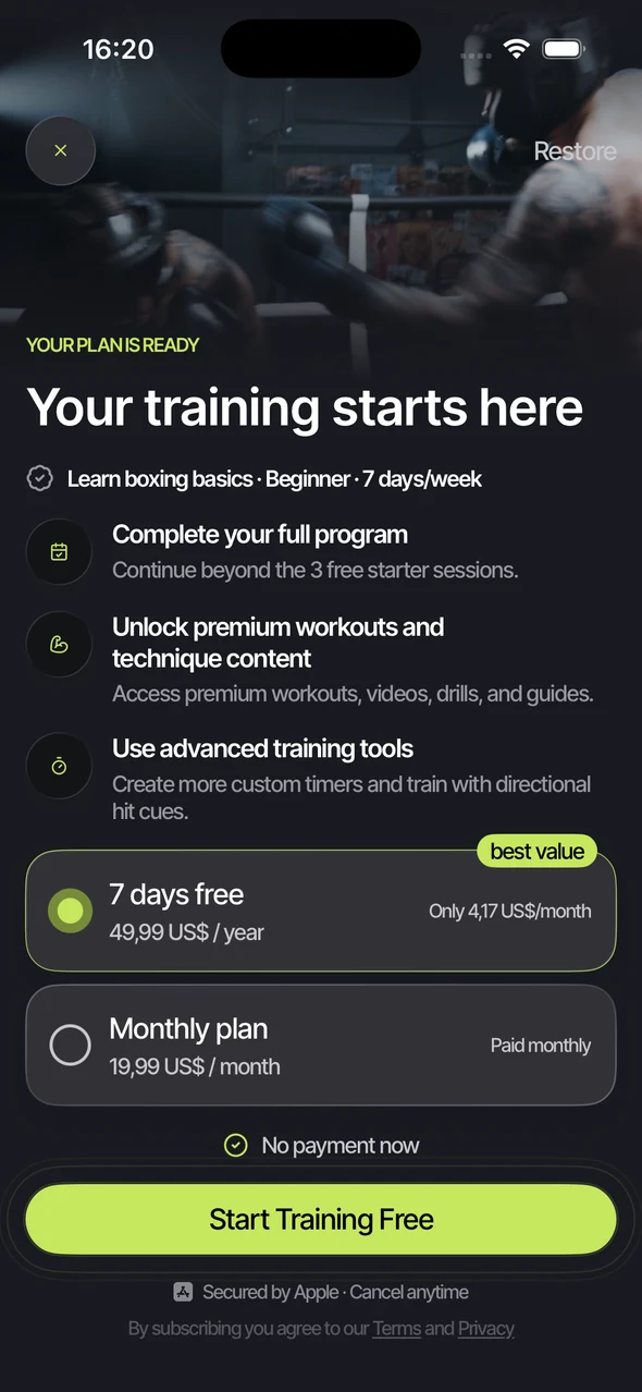 Knockout paywall continuing the personalized training plan with benefits, prices, trial and cancellation details