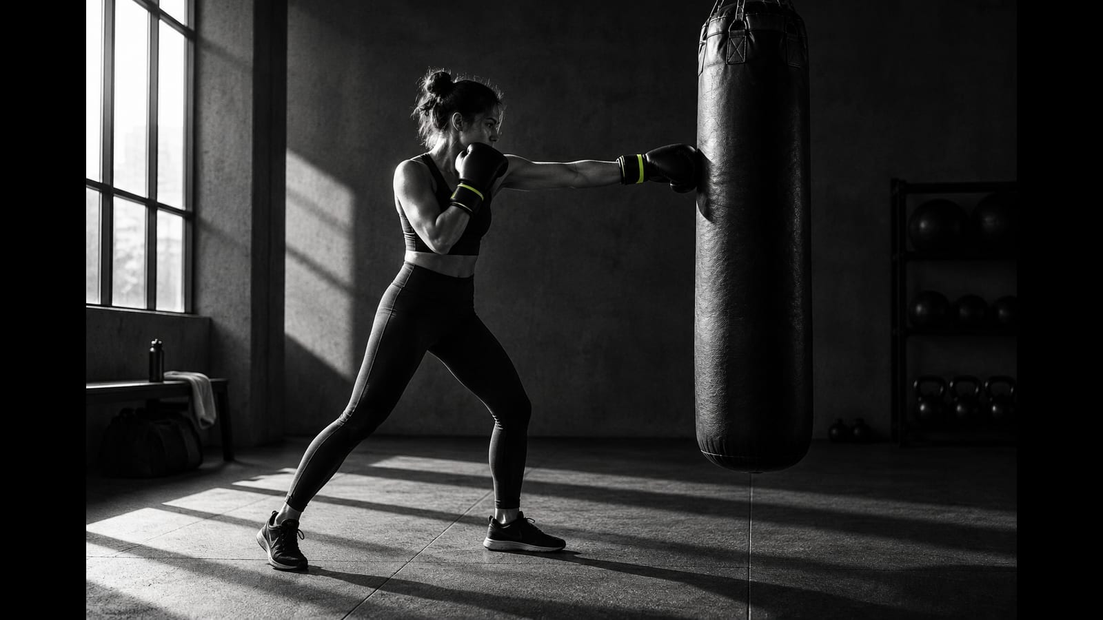 A woman wearing gloves practices a light straight punch against a heavy bag.