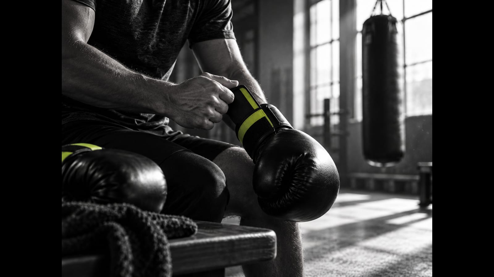 A close view shows a boxer fastening a glove strap before practice.