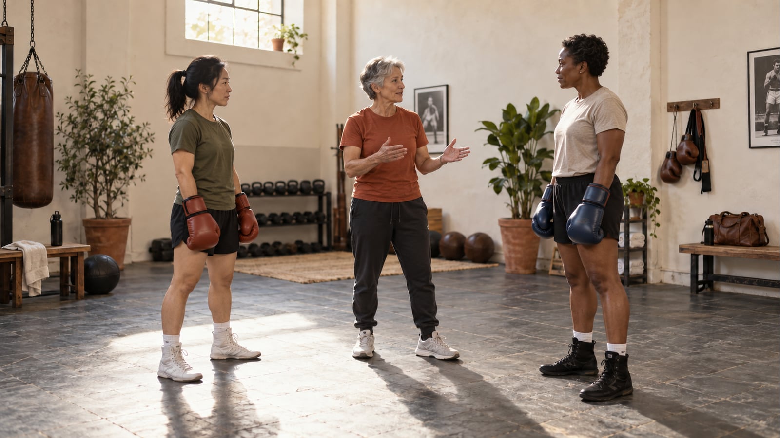 Two adult women of different heights listen to an older coach in an orange shirt before a non-contact distance drill.