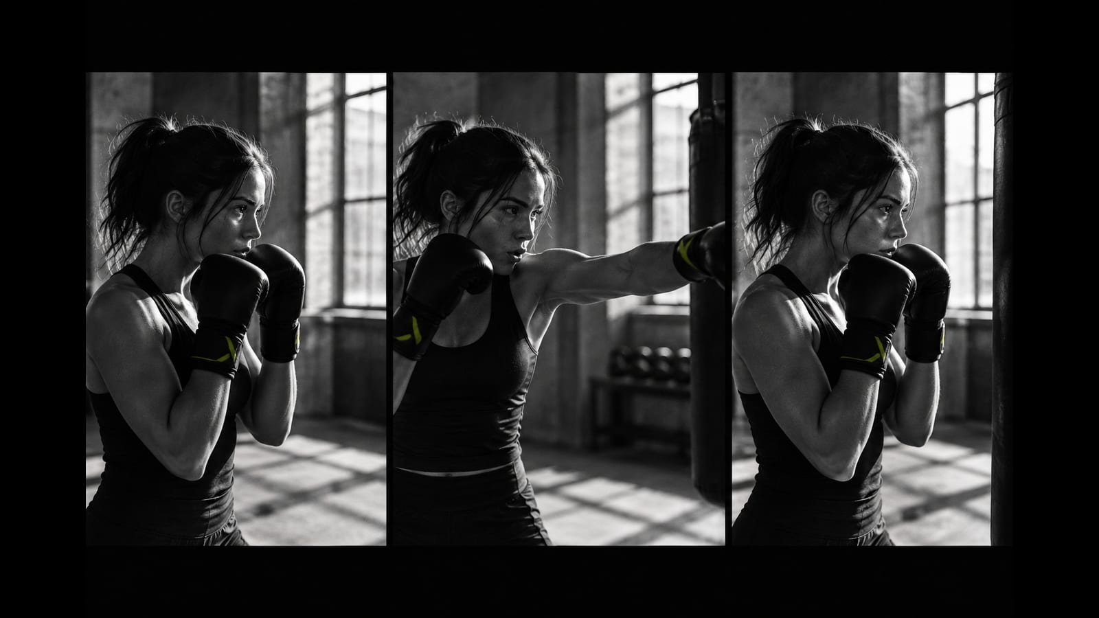 Three frames show a woman in guard, extending a light punch and returning to guard.