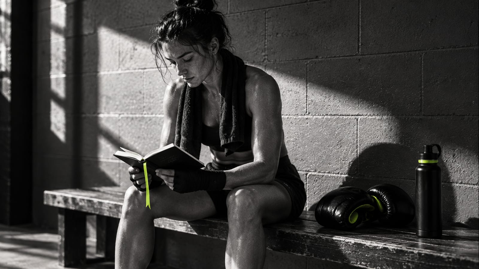 Una mujer sentada en un banco del gimnasio lee un cuaderno, con guantes y una botella a su lado.