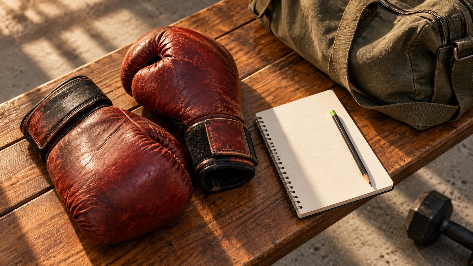 Un cuaderno de entrenamiento en blanco, guantes de boxeo, una bolsa de gimnasio y una mancuerna junto a un banco.