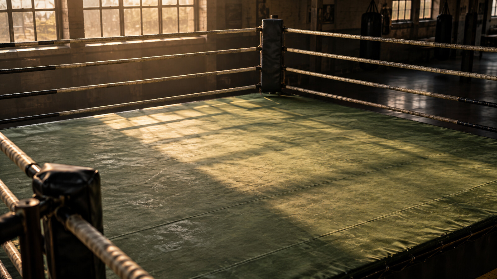 An empty boxing ring with green canvas, ropes and open floor space lit by gym windows.