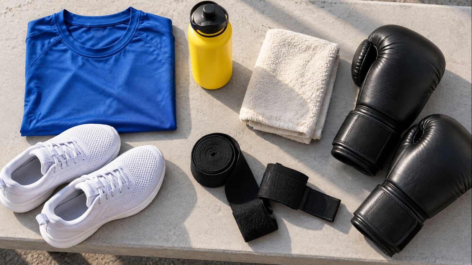Ropa deportiva doblada, zapatillas de entrenamiento, agua, toalla, guantes y vendas sobre un banco.
