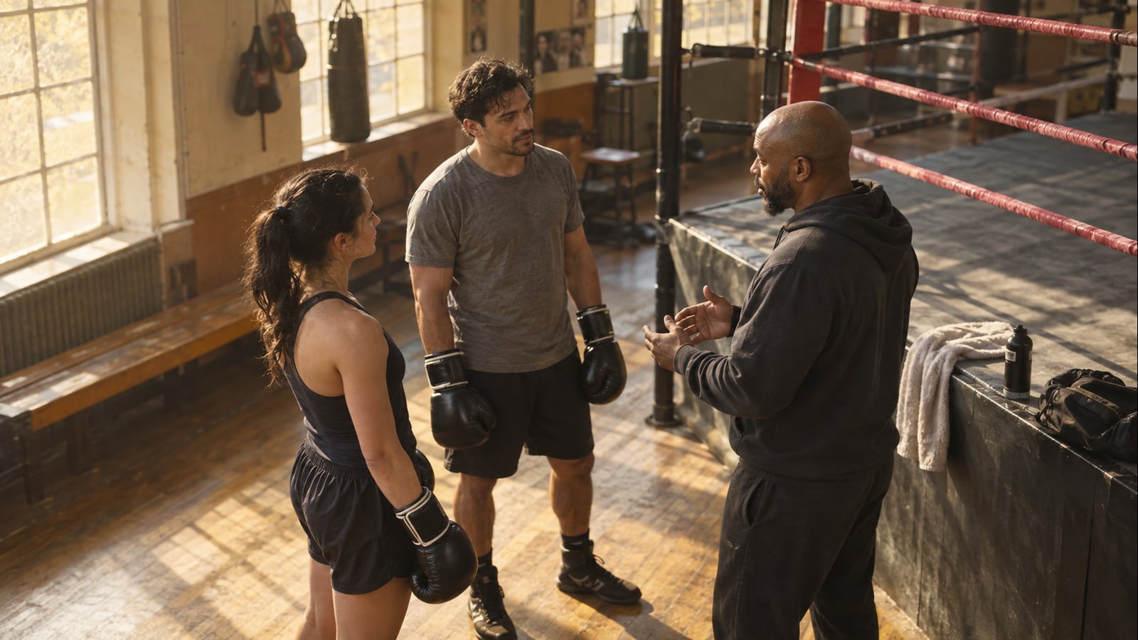 Two adult boxers wearing gloves talk with a coach beside a ring before a training session.