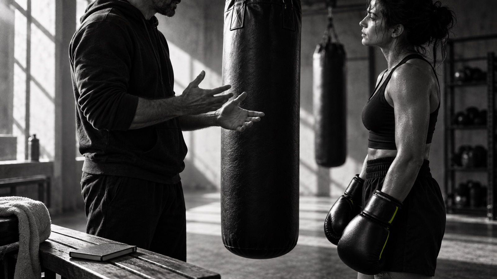 A coach discusses a bag exercise with a gloved boxer beside a heavy bag.