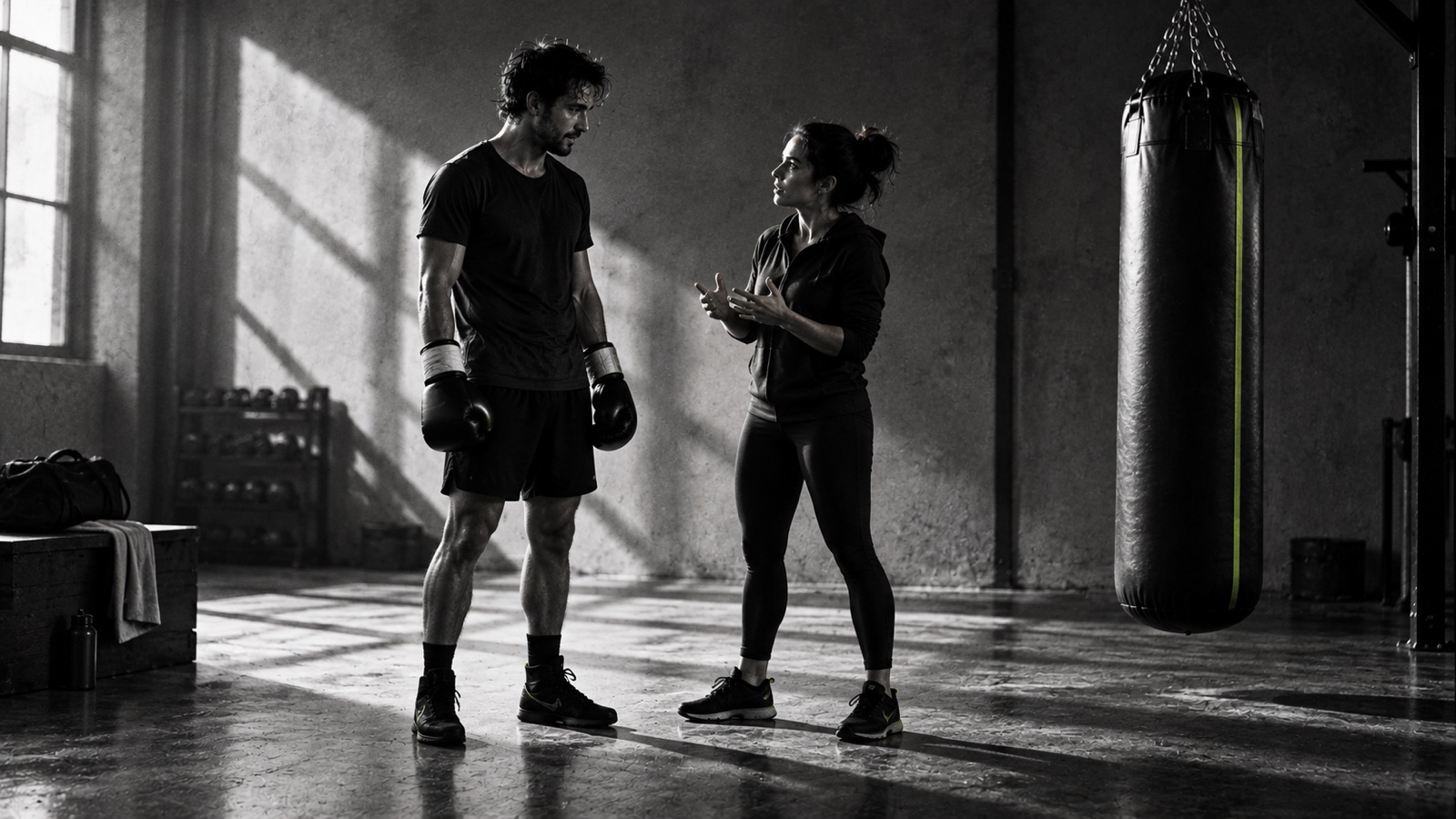 A boxer wearing gloves and a coach discuss a round beside a hanging heavy bag.