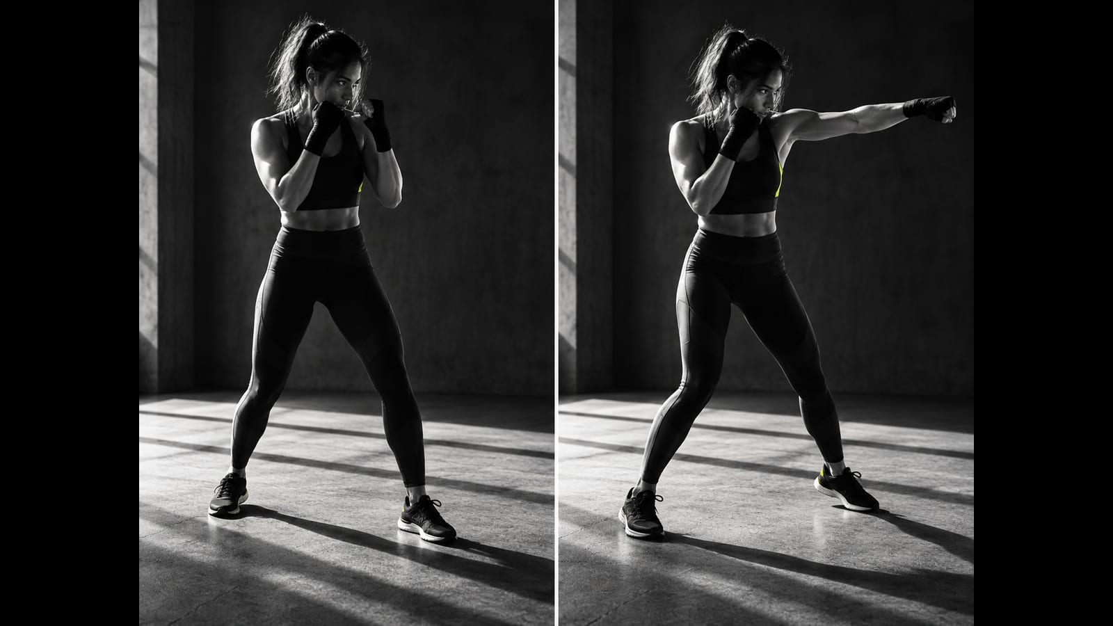 Two frames show a woman in guard and practicing a solo straight punch.