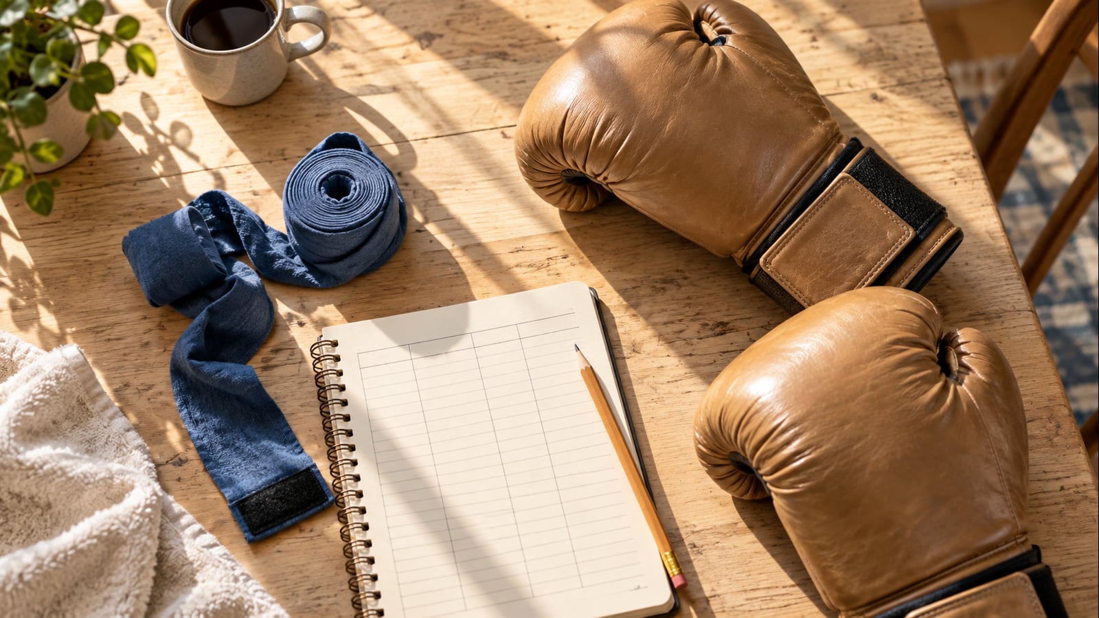 Guantes de boxeo color marrón claro, vendas azules y un cuaderno sencillo sobre una mesa de madera.