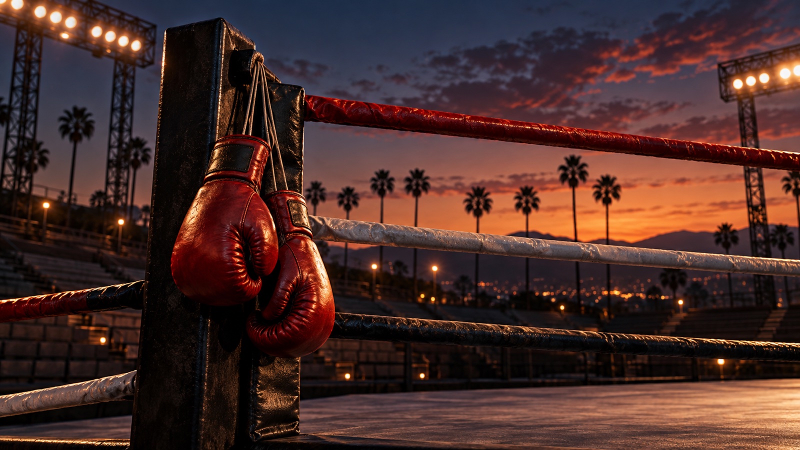 Original illustration of an empty outdoor boxing ring at sunset; a conceptual image, not the announced venue or fight.