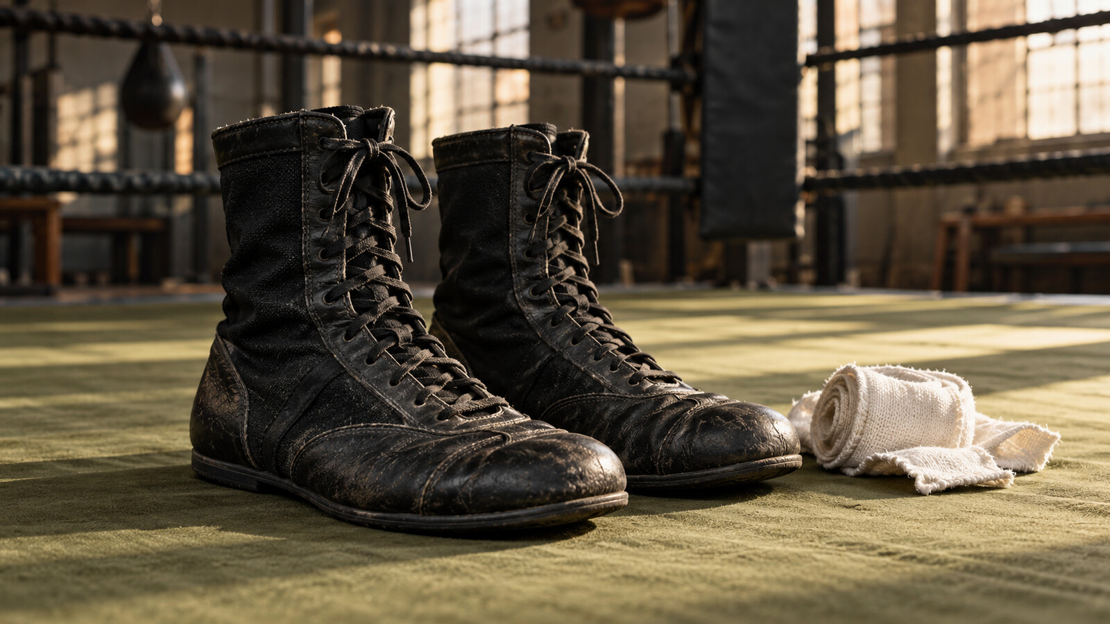 Botas de boxeo negras y vendas de color crema enrolladas sobre la lona verde de un ring de boxeo.