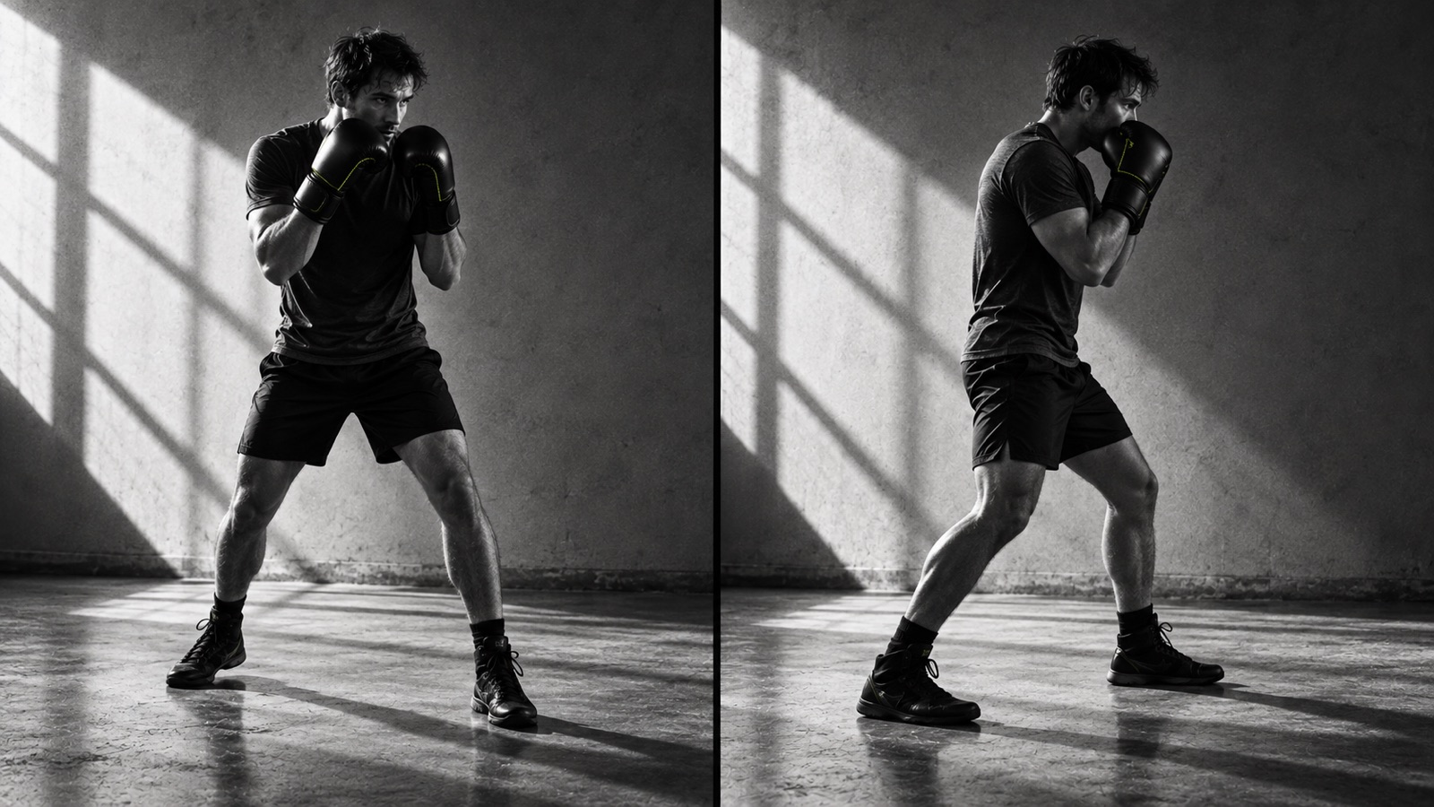 Front and side photographic views of a boxer holding a conventional guard.