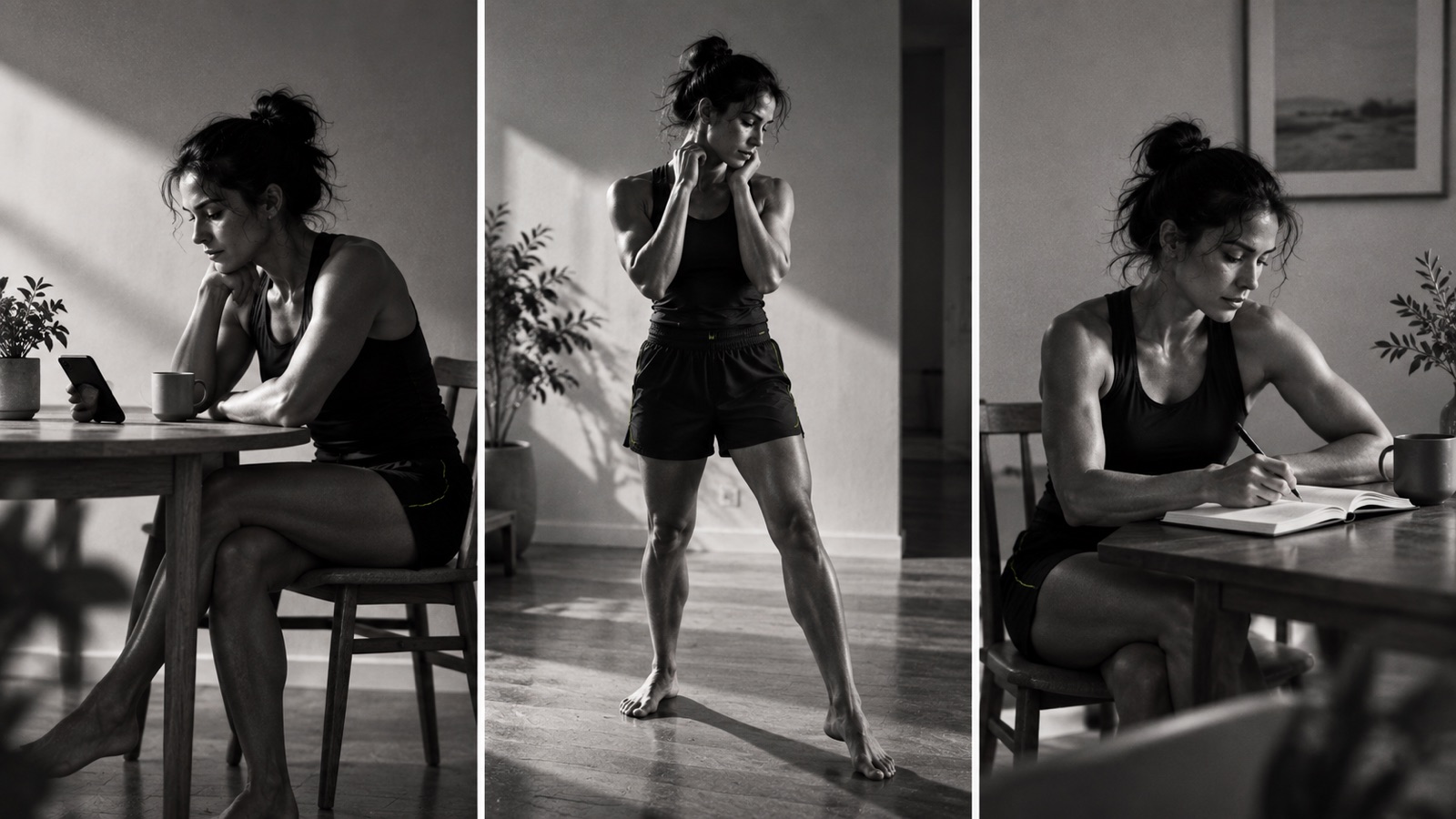 Three photographic panels show a beginner watching a phone, rehearsing a starting guard, and taking notes.