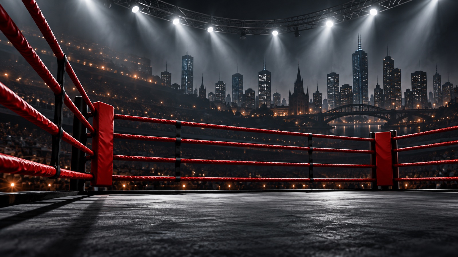 Original illustration of an empty boxing ring with a stylized Melbourne skyline; not a photograph of the venue or event.