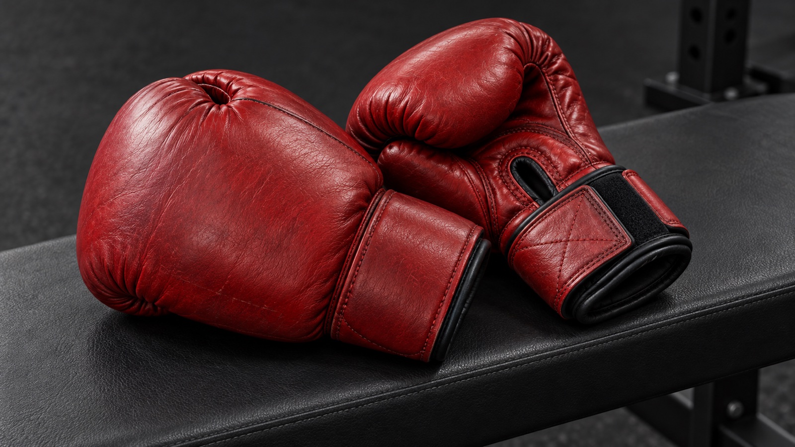 Original illustration of red boxing gloves showing the outer material, seams and wrist fastening.