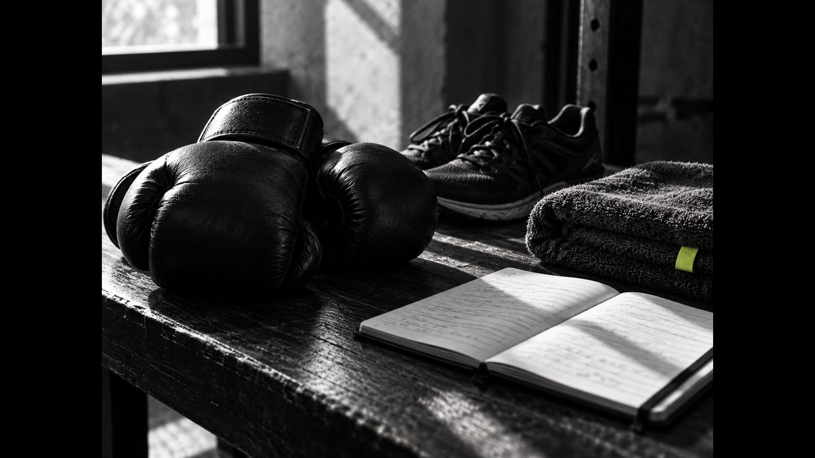 Boxing gloves, running shoes, a towel and an open notebook lie on a gym bench.