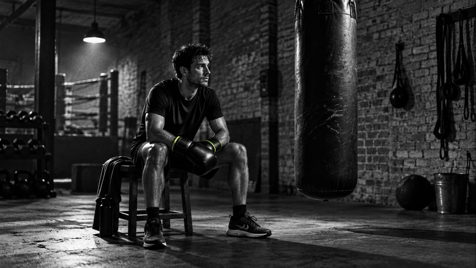 Un boxeador con zapatillas de correr descansa en un taburete junto a un saco.