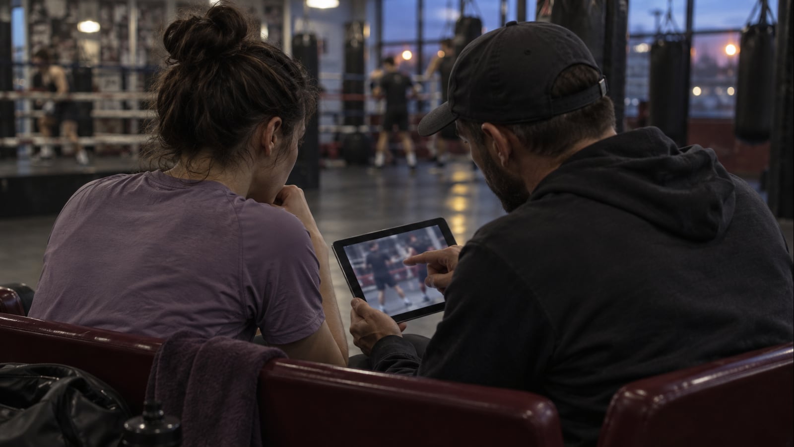 An adult boxer in a lavender shirt and a coach review an indistinct training clip on a tablet beside a gym.
