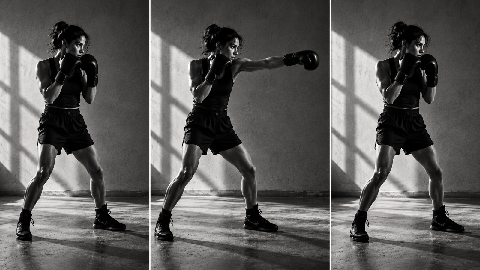 Three photographic panels show a boxer in guard, making a gentle solo jab, and returning to guard.