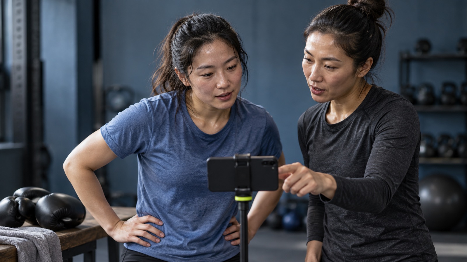 A beginner and a coach review a phone positioned on a stable stand beside boxing gloves.
